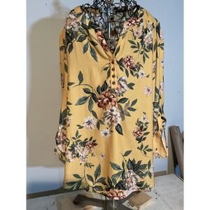 Song‎ n Spirit Mustard Yellow Floral Roll Tab Sleeve Henley Tunic Top XXL